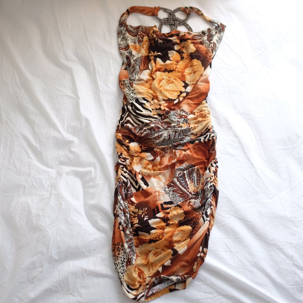 COPY - Zora boho mixed print metal chain link cut out dress